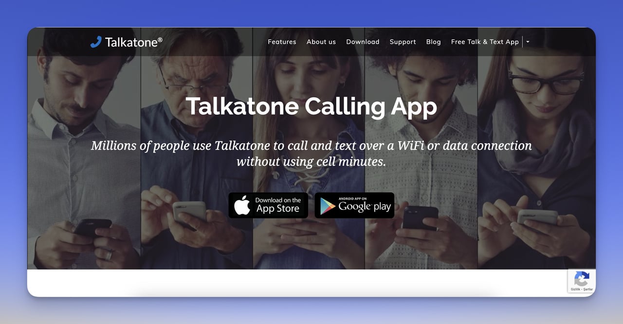 Talkatone website home page ss with google play and app store download options