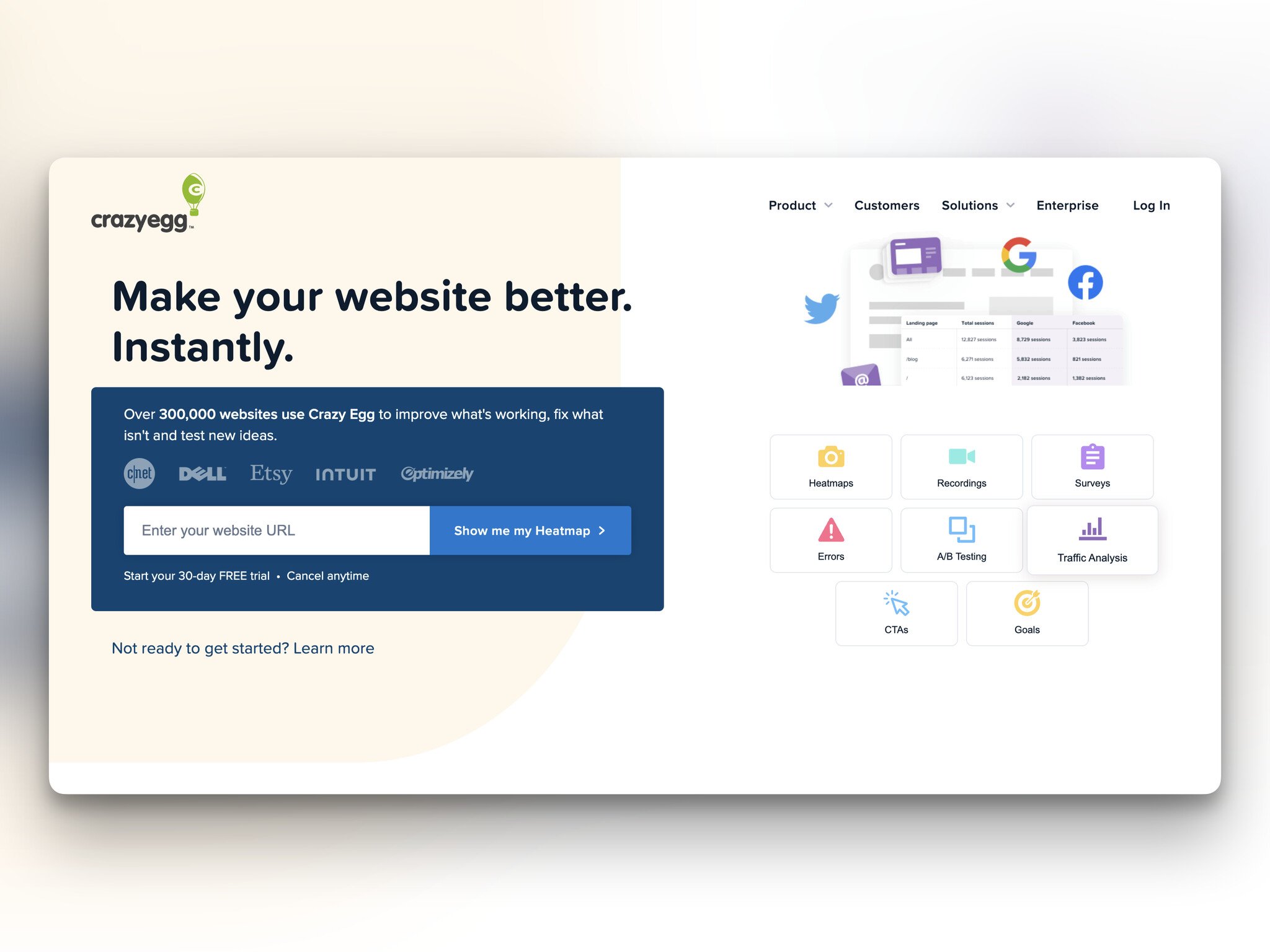 Crazy Egg’s homepage with the headline “Make your website better. Instantly.” followed by a field to enter the URL with a “Show me my Heatmap” button, and on the right, there are different platform logos followed by product feature icons