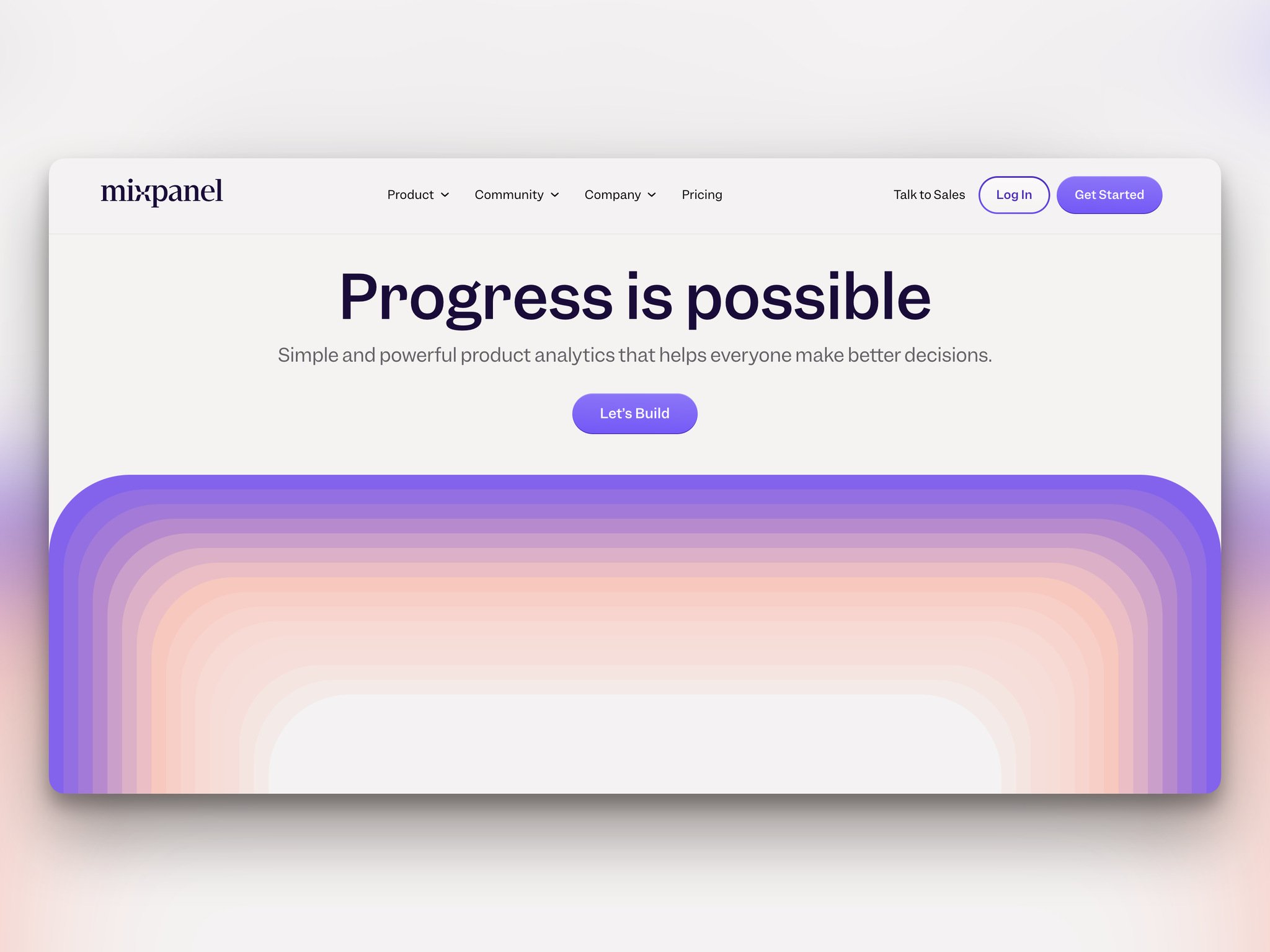 MixPanel homepage with the headline “Progress is possible” in the center followed by a “Let’s Build” button and a gradient purple and pink frame