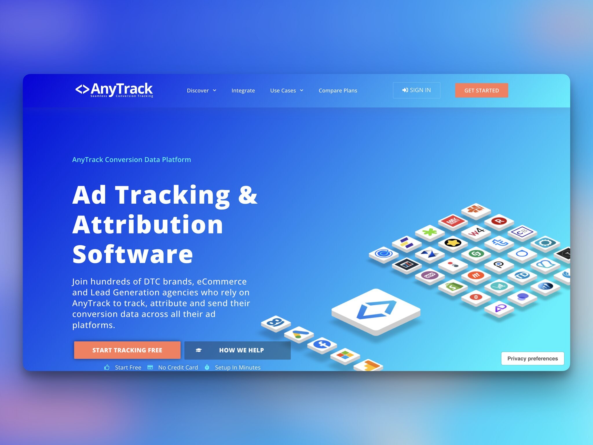 AnyTrack homepage with the headline on the left followed by an informative piece of text and “Start Tracking Free” and “How We Help” buttons below, and on the right, there are icons of multiple platforms in 3D squares