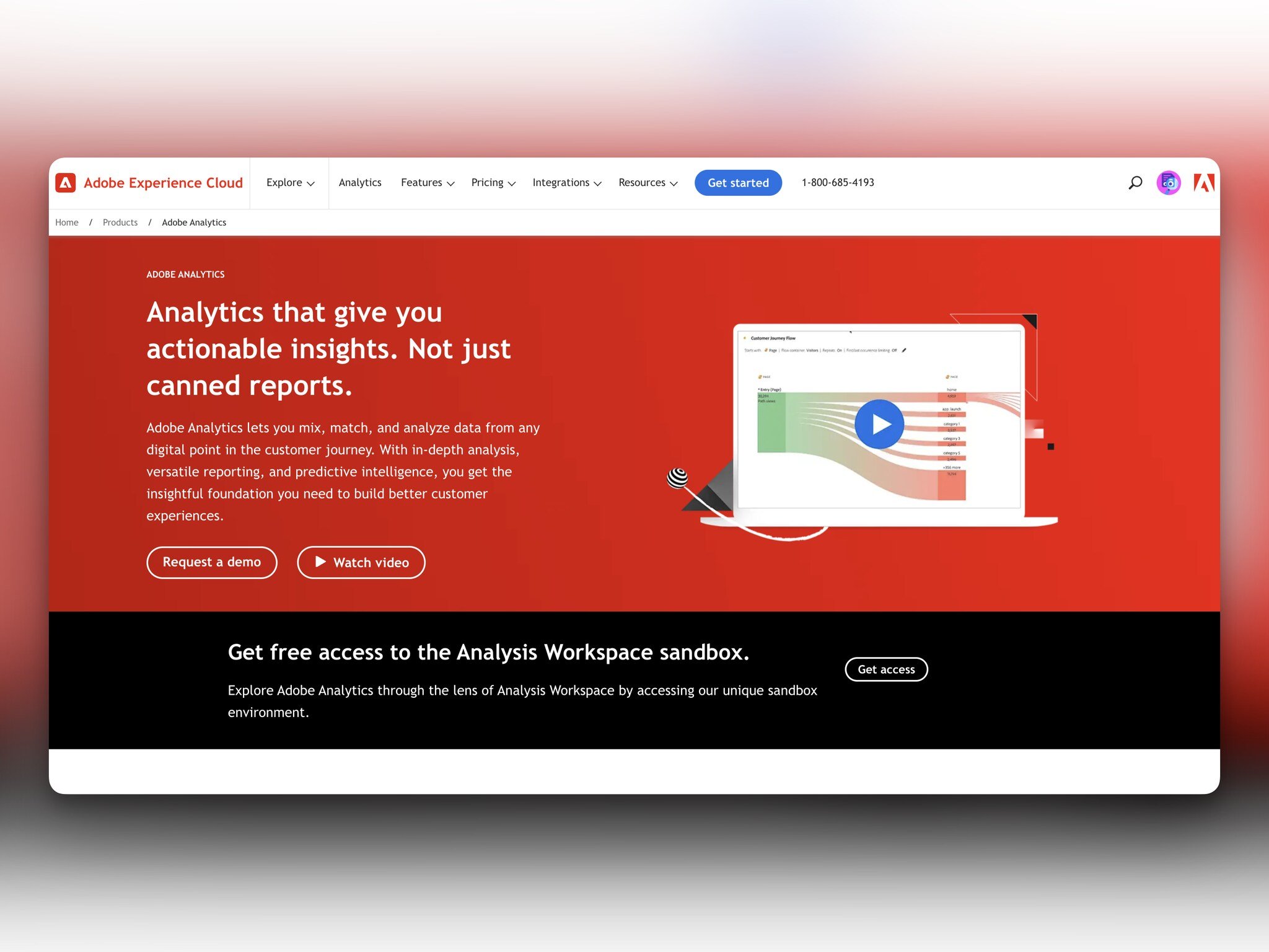 Adobe Analytics homepage with the value proposition on the left followed by an informative piece of text and “Request a demo” and “Watch video” buttons with a video preview on the right