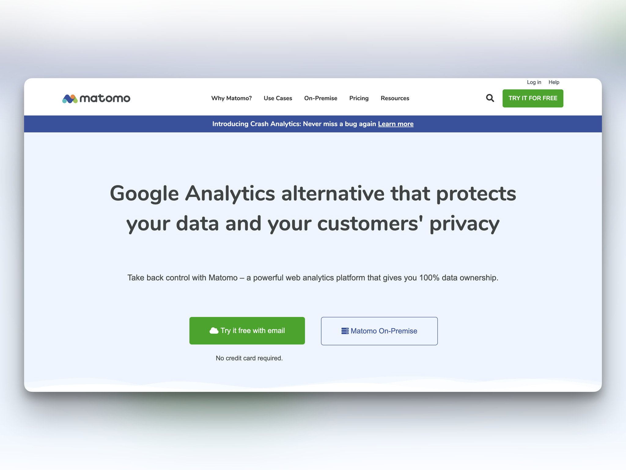 Matomo’s homepage with the headline in the center followed by “Try it free with email” and “Matomo On-Premise” buttons