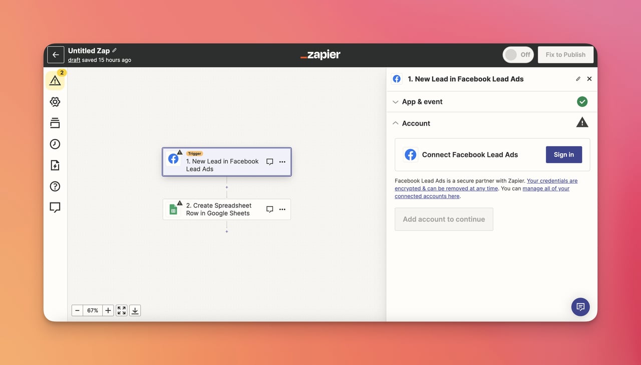 account connection of Facebook Ad Leads on Zapier dashboard