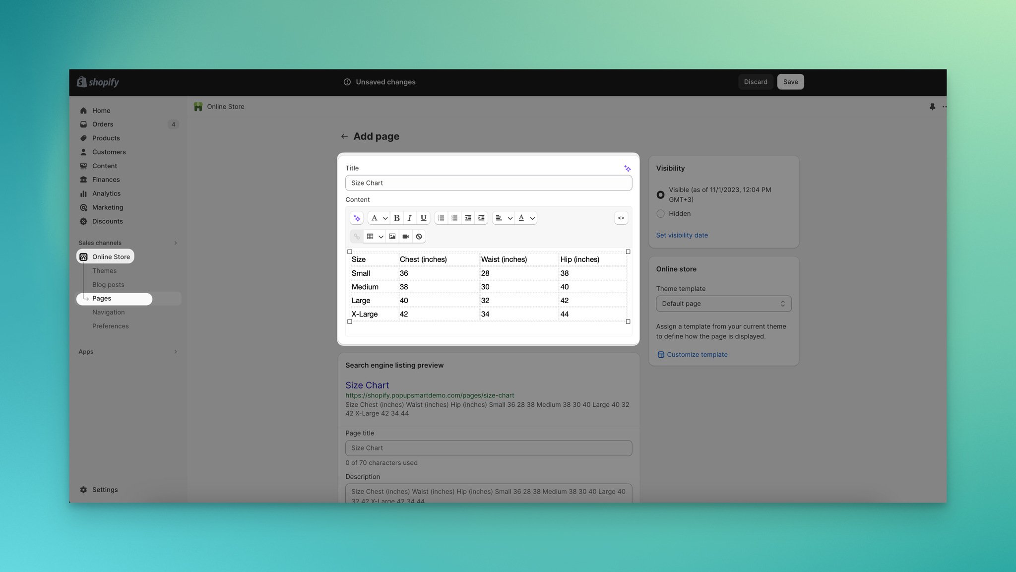 a screenshot of creating a size chart page from online store and pages sections on Shopify