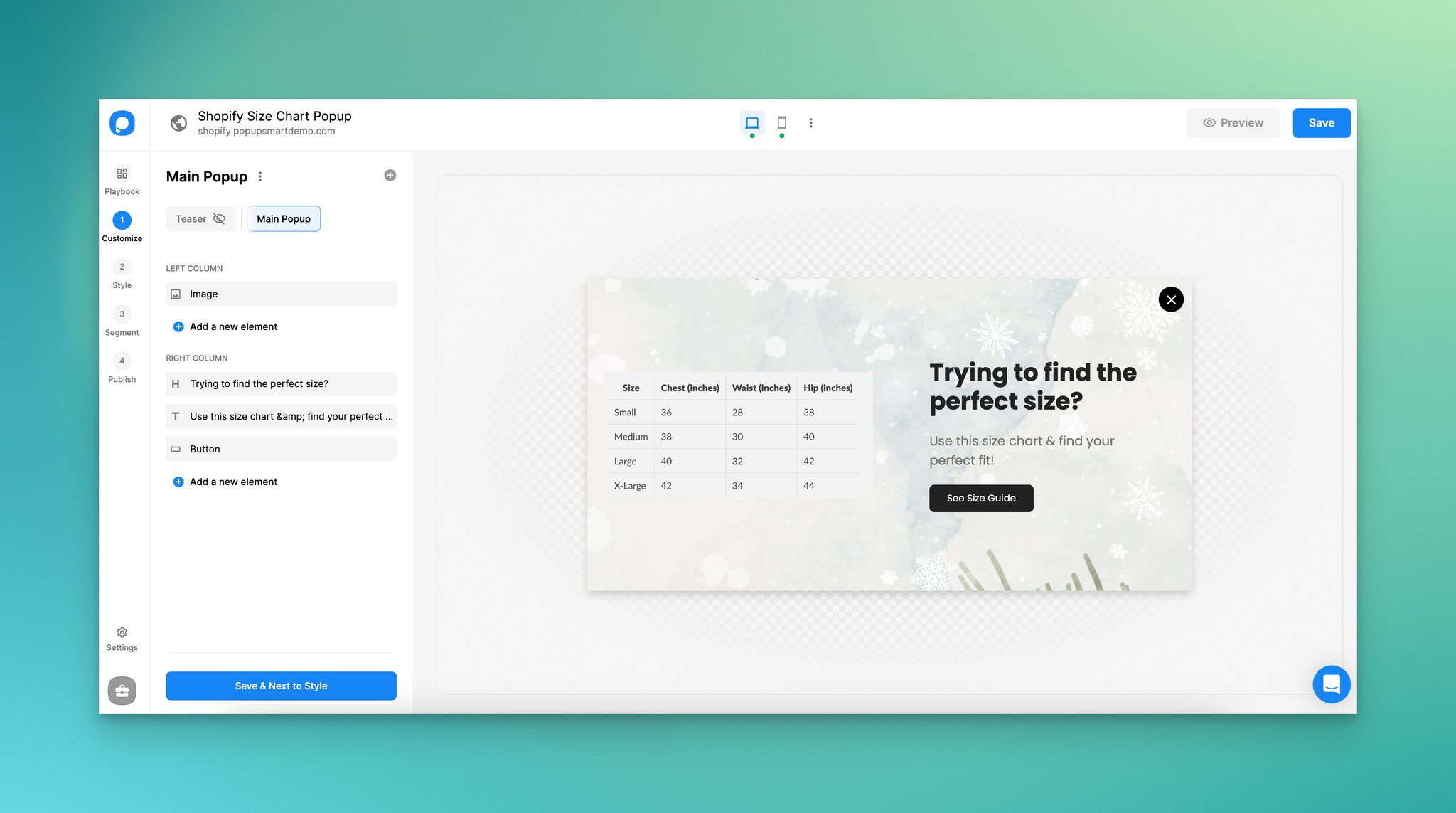 a screenshot of creating and customizing a size chart popup for Shopify on Popupsmart