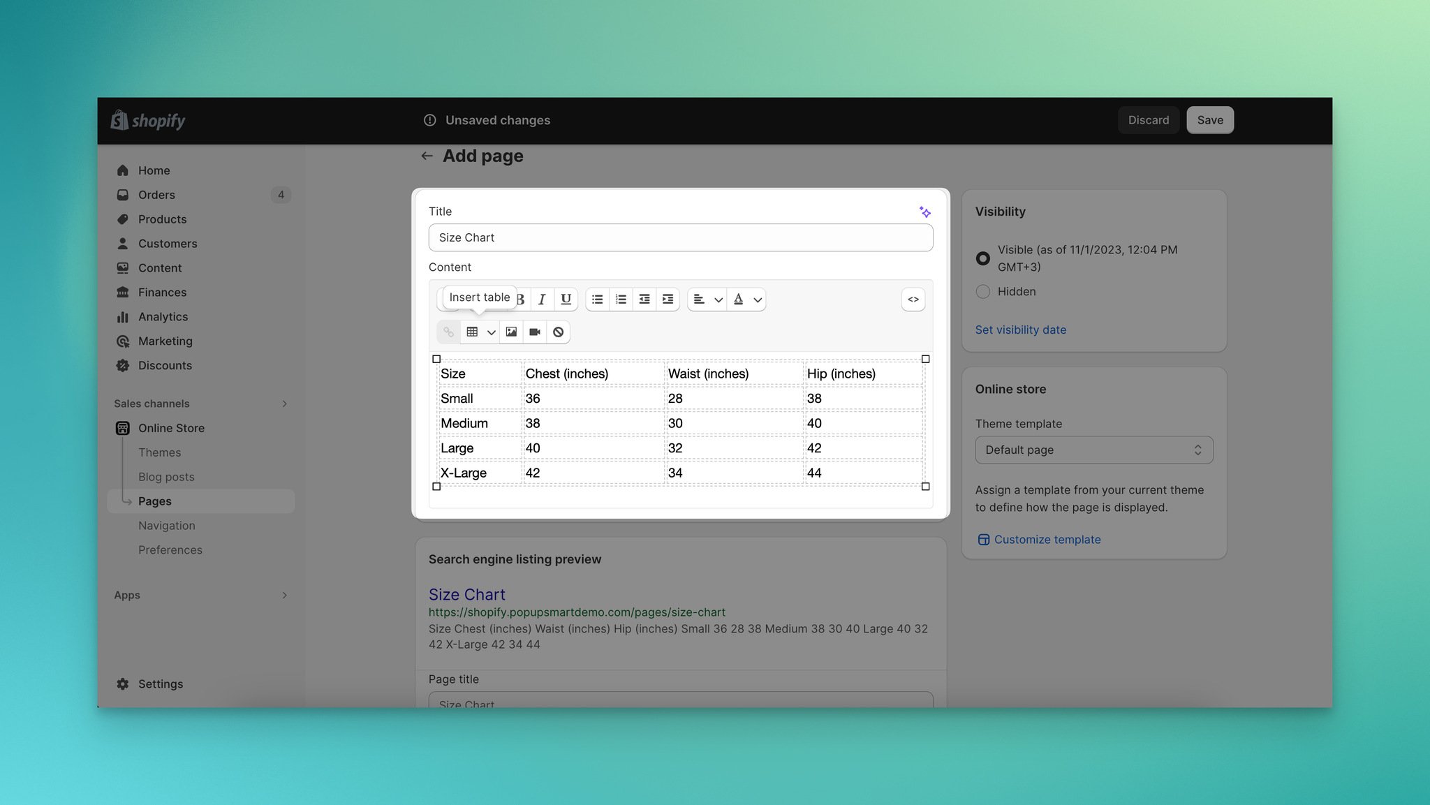 a screenshot of creating a size chart table in the content box of size chart page on Shopify