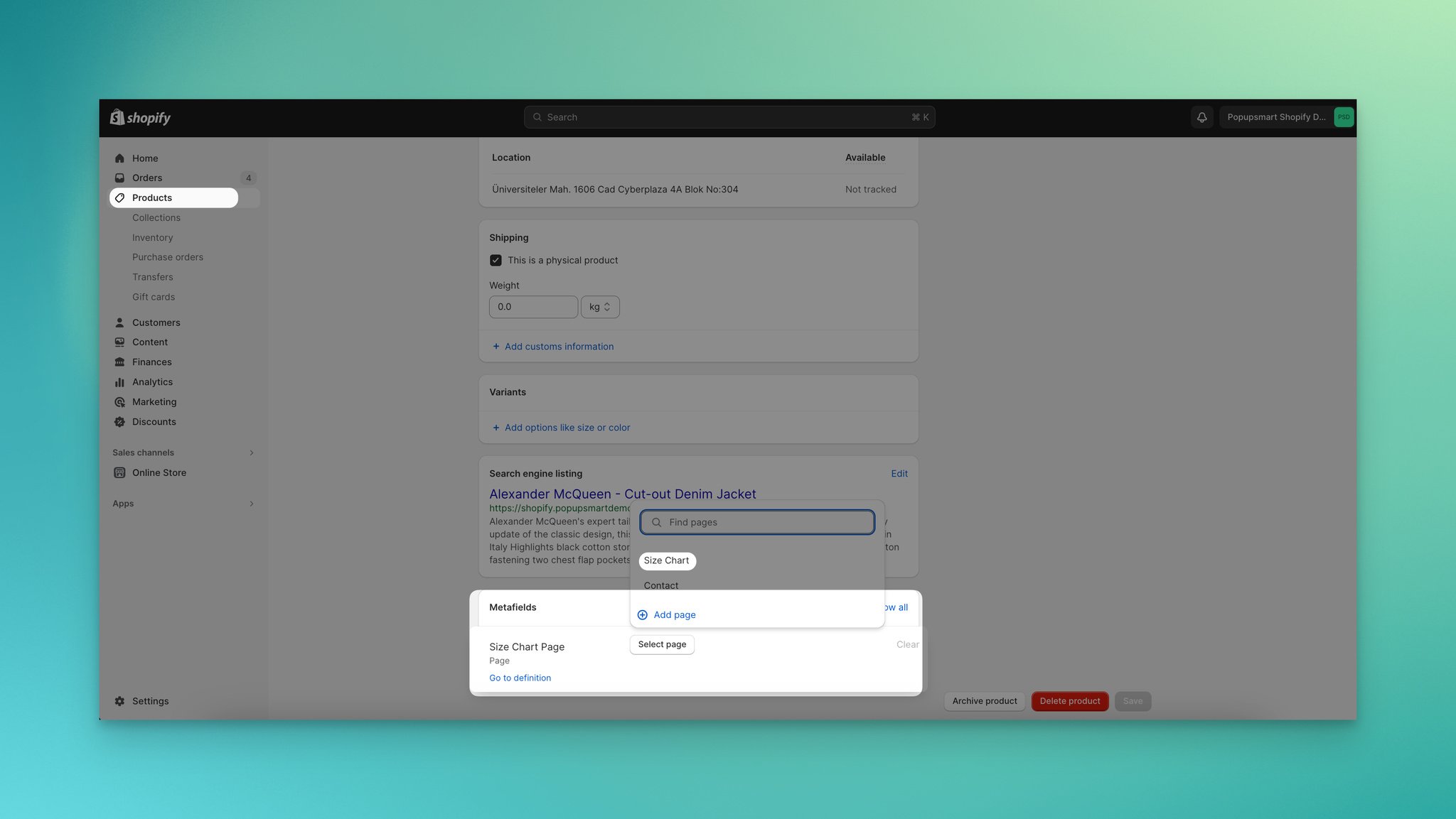 a screenshot of assigning size chart page from products part on Shopify