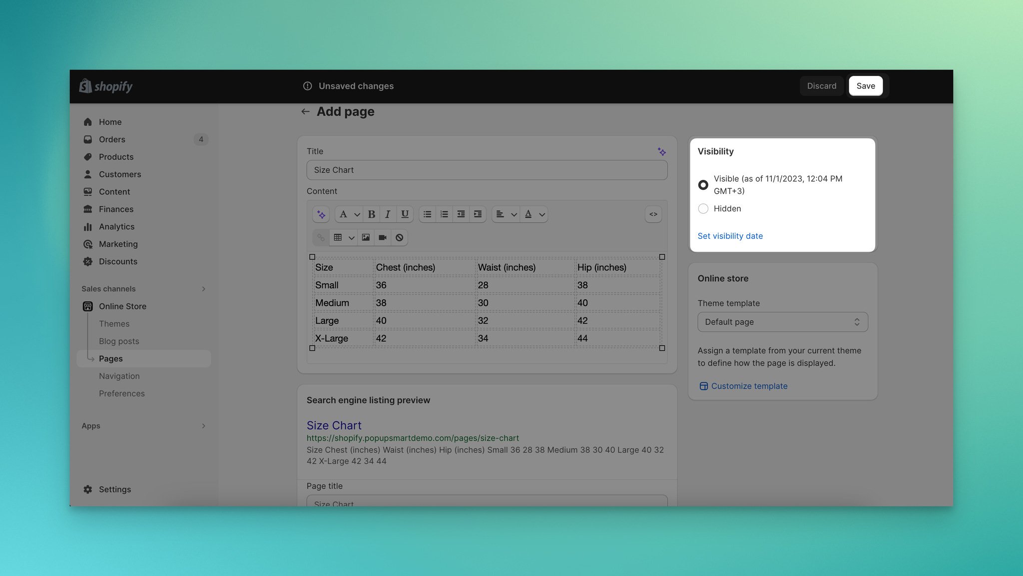 a screenshot of setting size chart page as visible and saving on Shopify