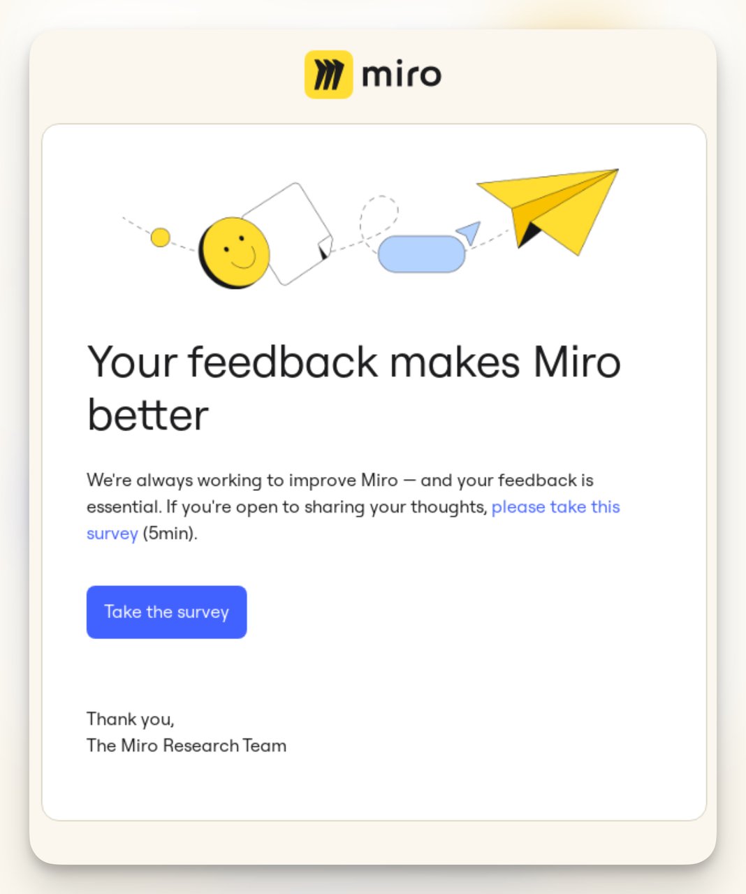 miro simple email survey example which takes 5 minutes