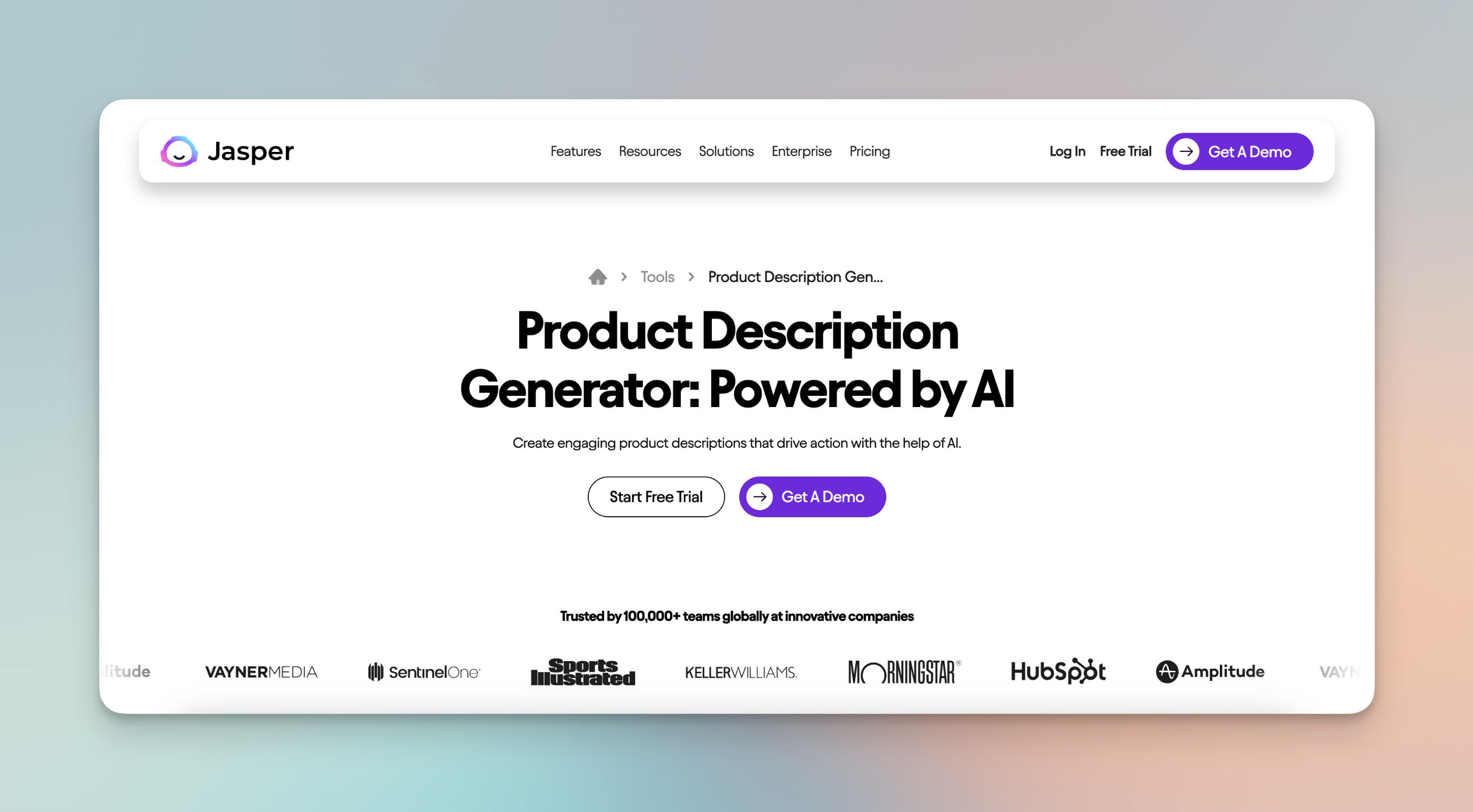 the product page of Jasper Product Description Generator with the product name and trusted brands