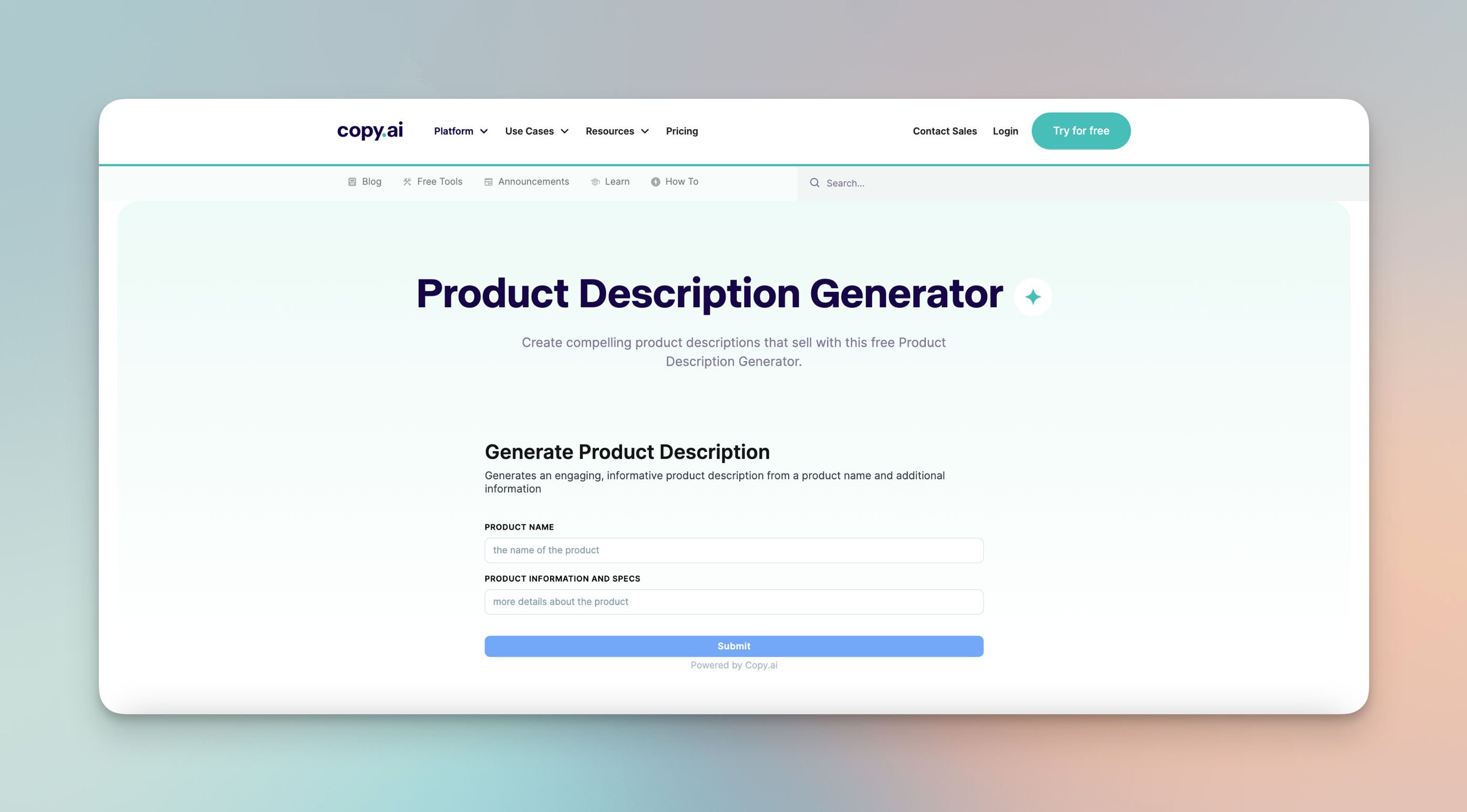 Copy.ai Product Description Generator on a fair blue background