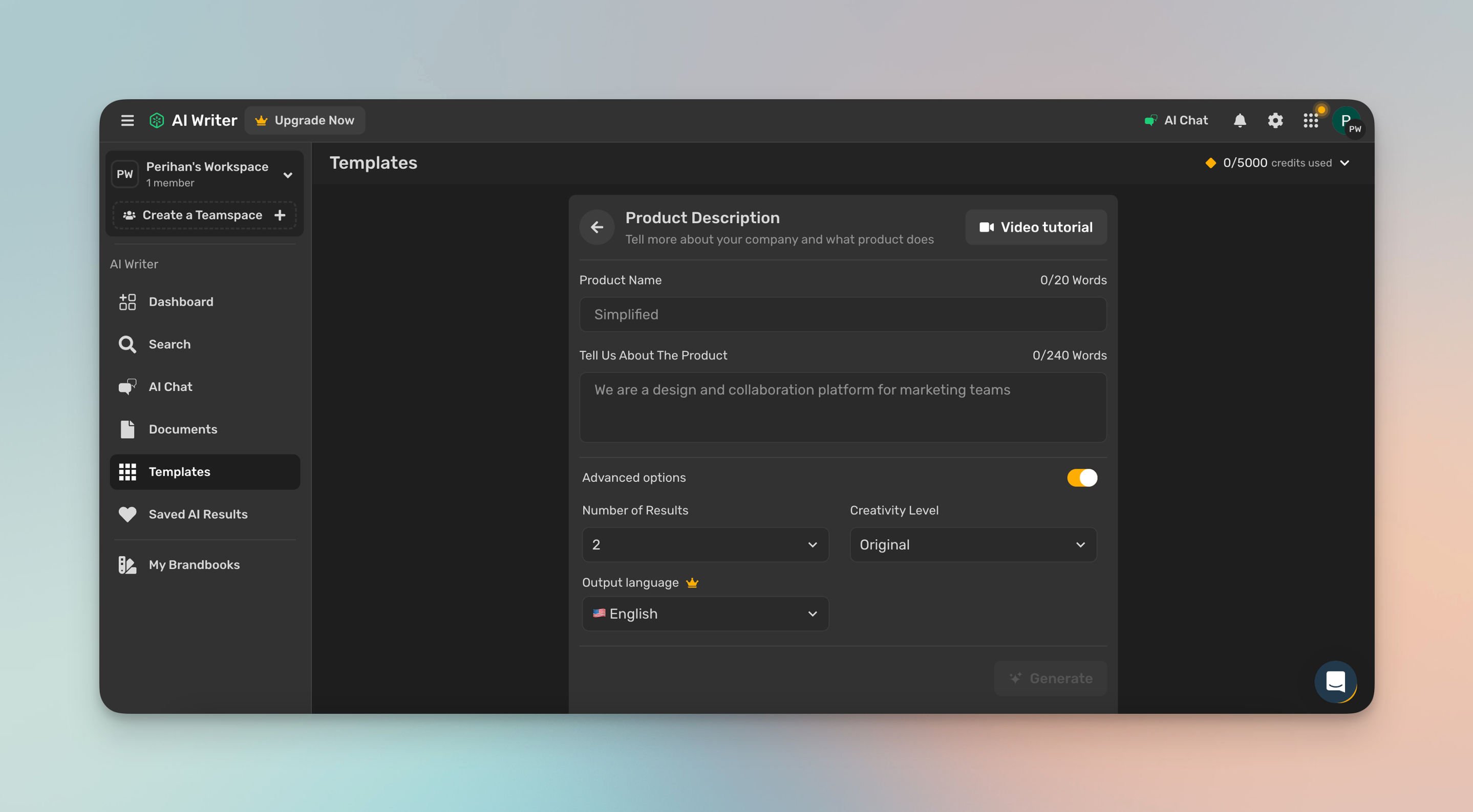 Simplified Product Description Generator appearing as a modal with a dark mode of the brand as the background