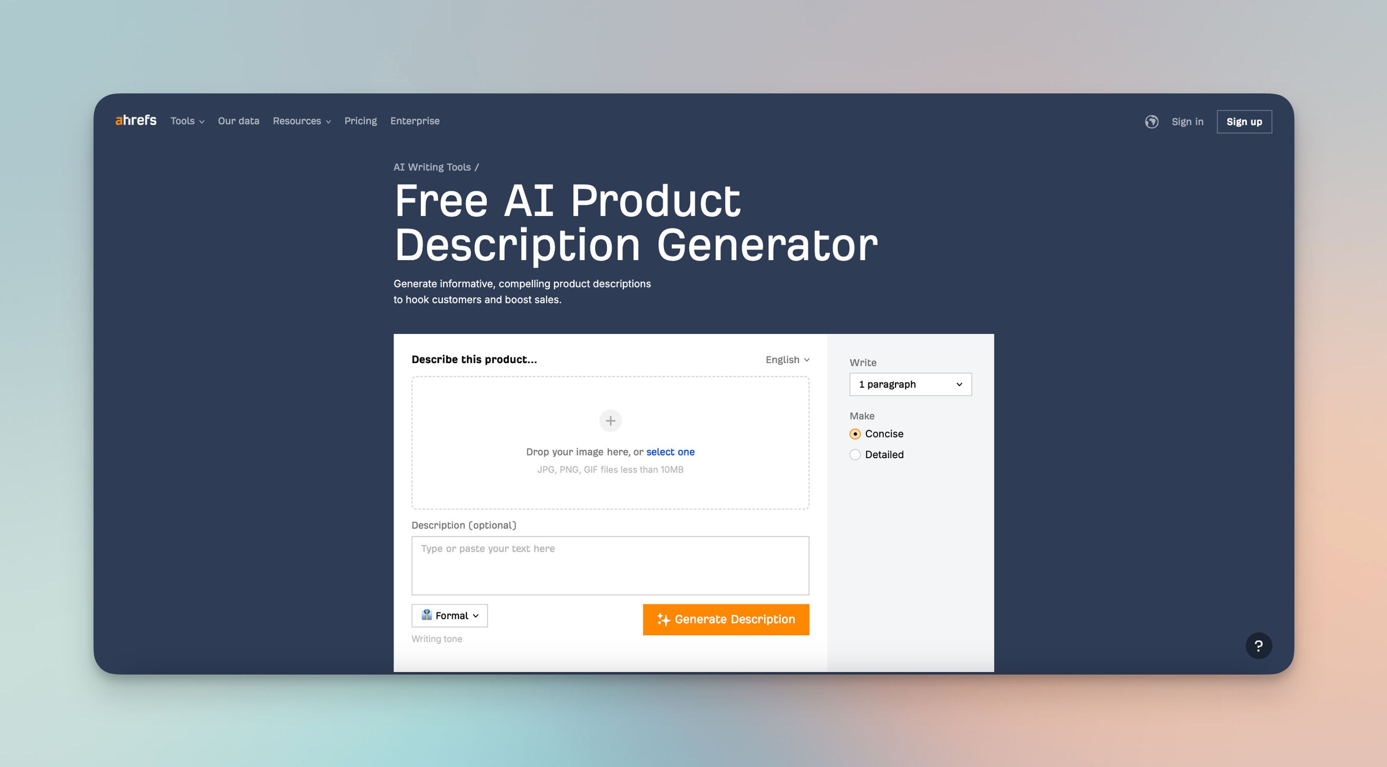 the page of Ahrefs Product Description Generator with the related generation box