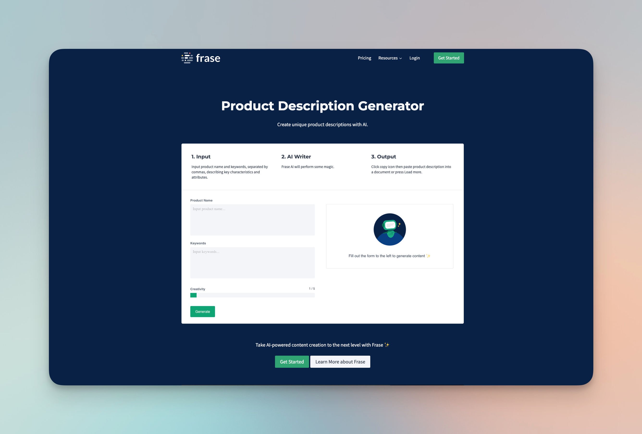 Frase Product Description Generator on a dark blue background