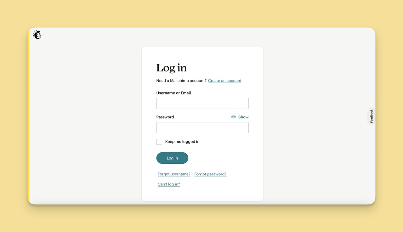 MailChimp login username password fields