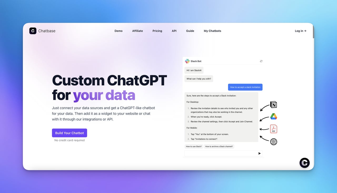 Chatbase homepage with an interactive sample chatbot and a CTA button to build your chatbot