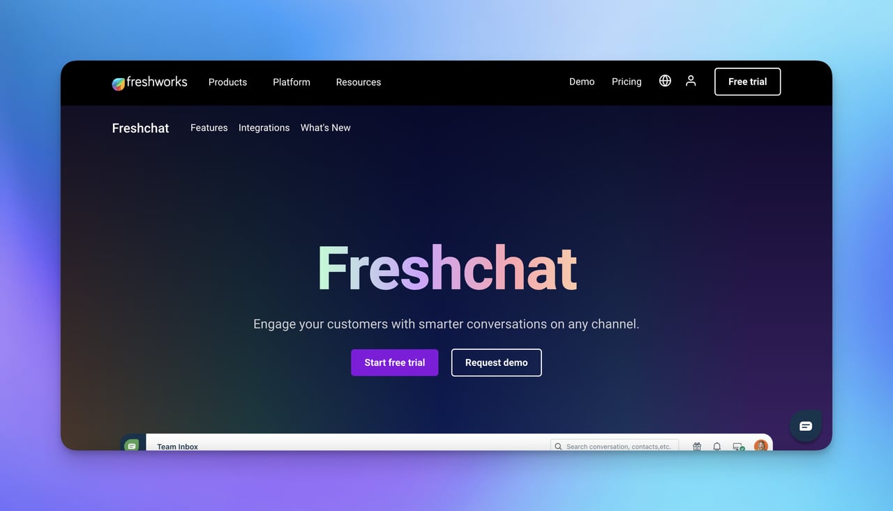 Freshchat by Freshworks with a neon-colored brand name on a dark background