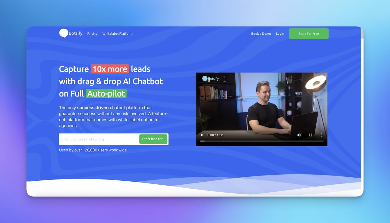 Botsify homepage with a video on the left side and explanations to define the tool