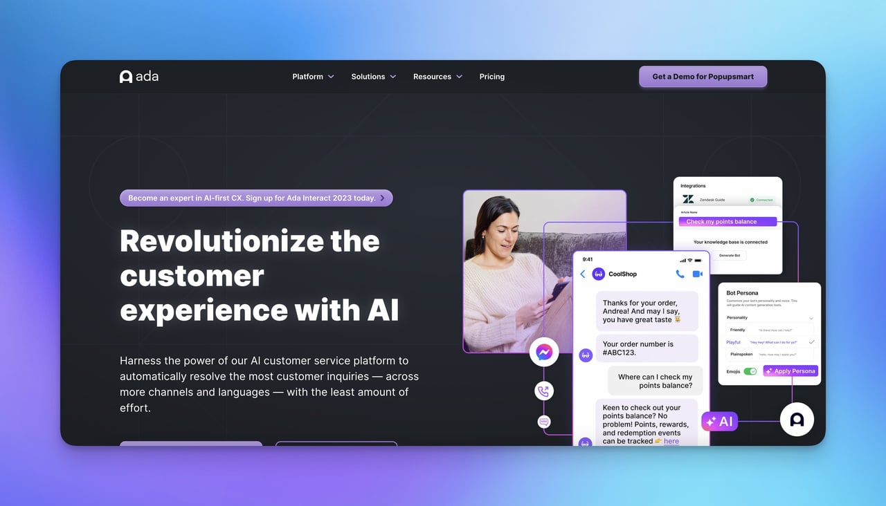 Ada chatbot for SaaS with a person using the chat and example conversations with explanations for AI customer service