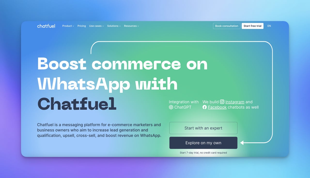 Chatfuel homepage for SaaS on a greenish blue background