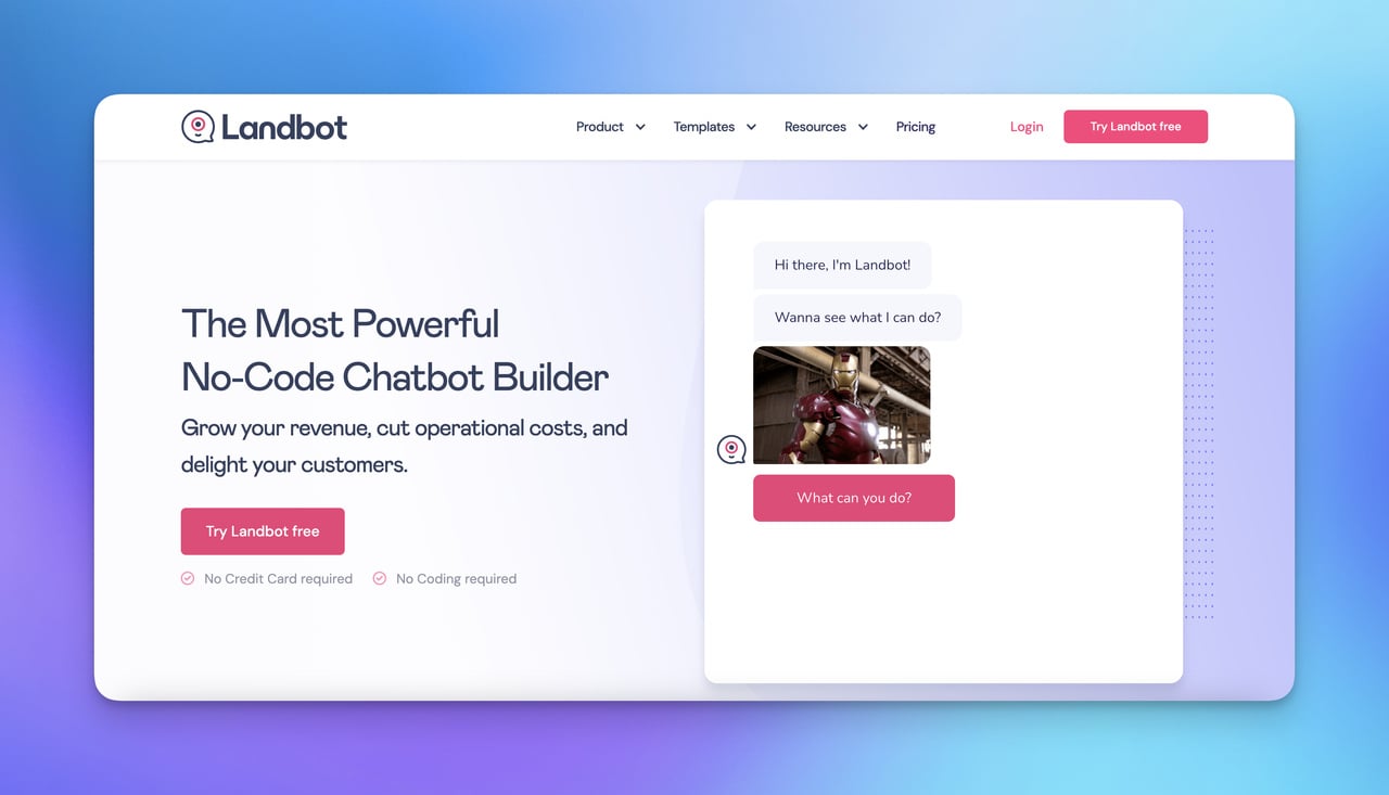 Landbot homepage with an interactive chatbot