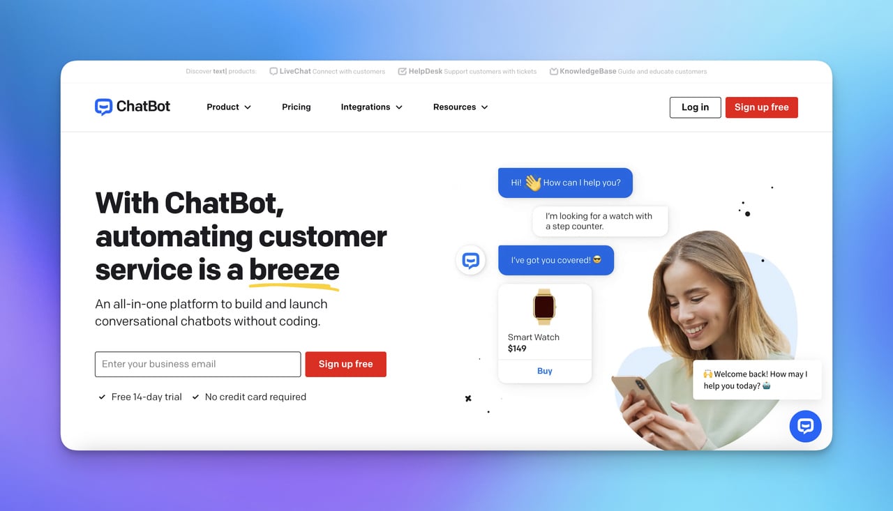 ChatBot homepage with a woman chatting and chat boxes with explanations