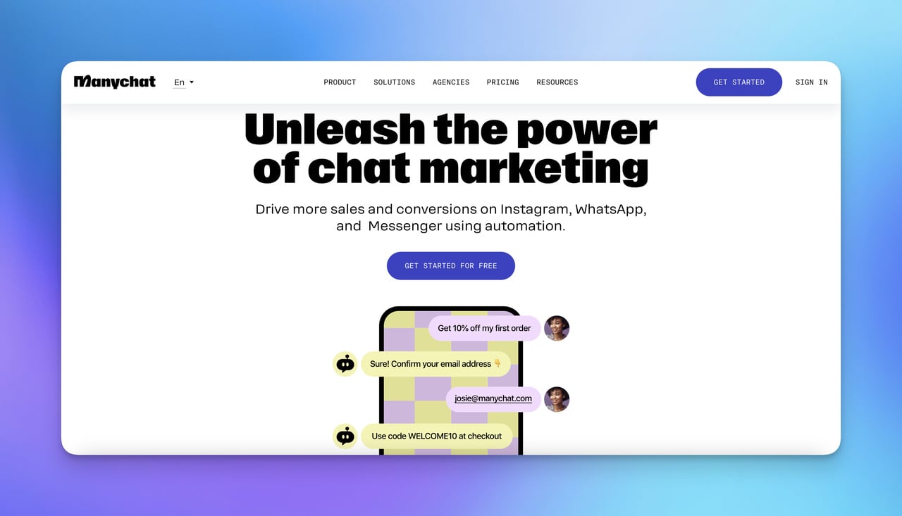 Manychat homepage with a sample mobile phone and a chat conversation