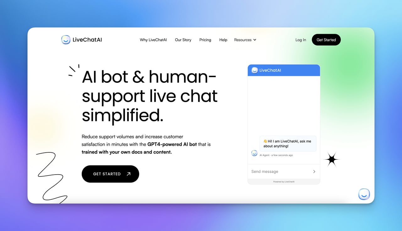 the homepage of LiveChatAI which is an AI bot to reduce customer support