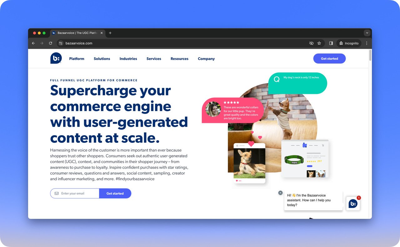 ugc platform bazaarvoice home page with blue background