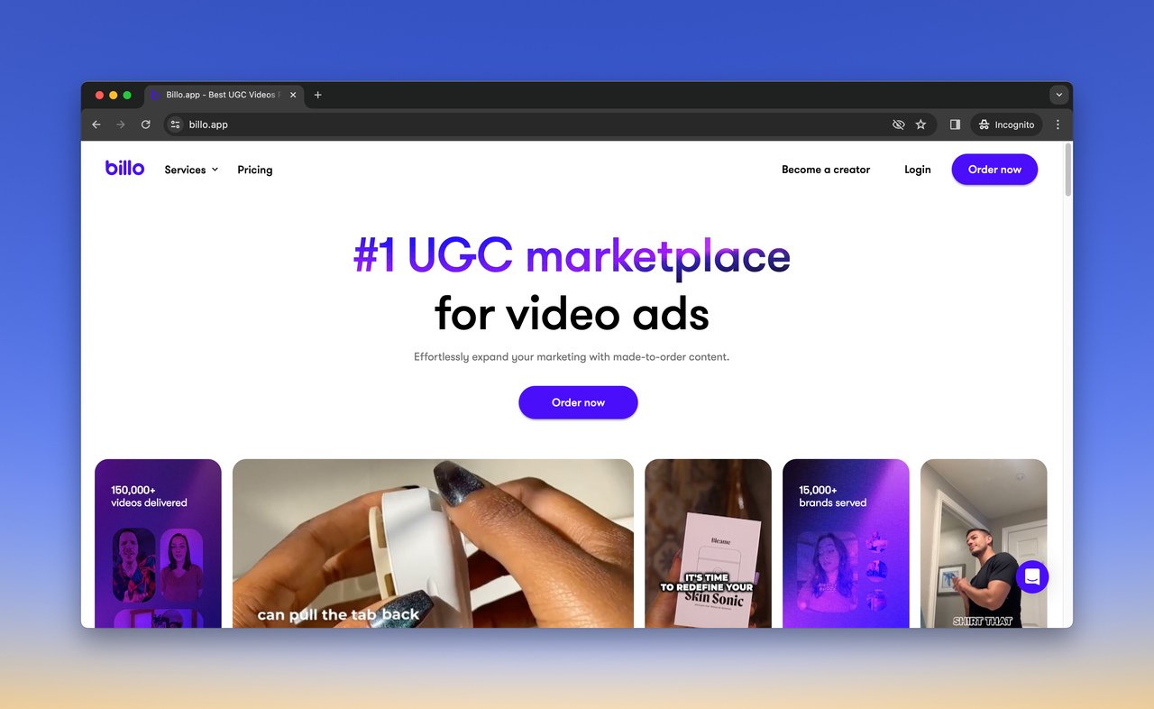 ugc platform billo home page with blue background