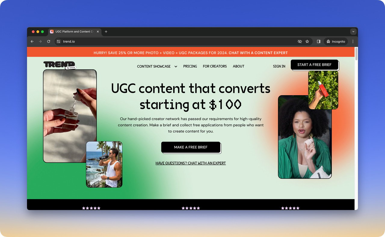 ugc platform trendio home page with blue background