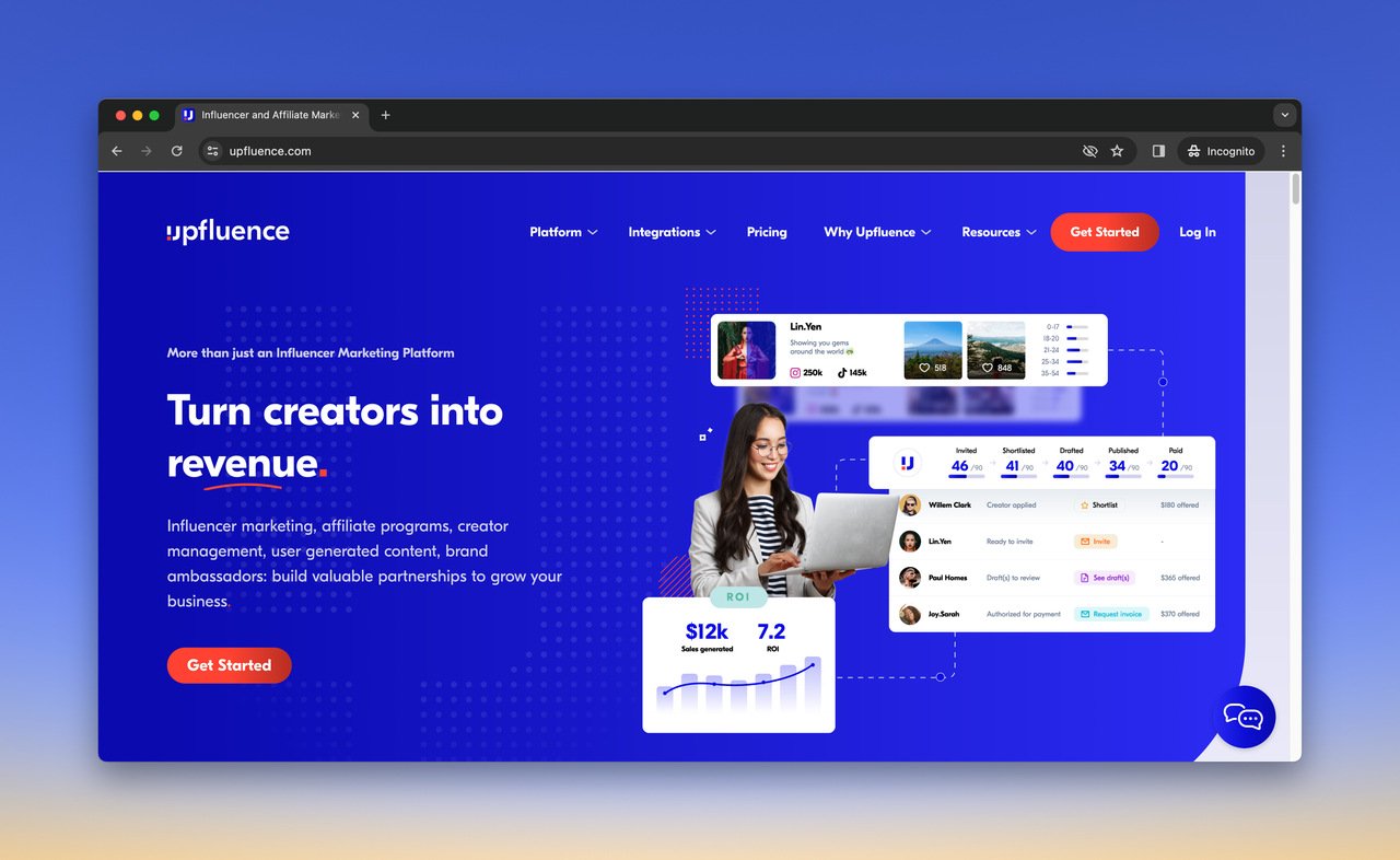 ugc platform upfluence home page with blue background