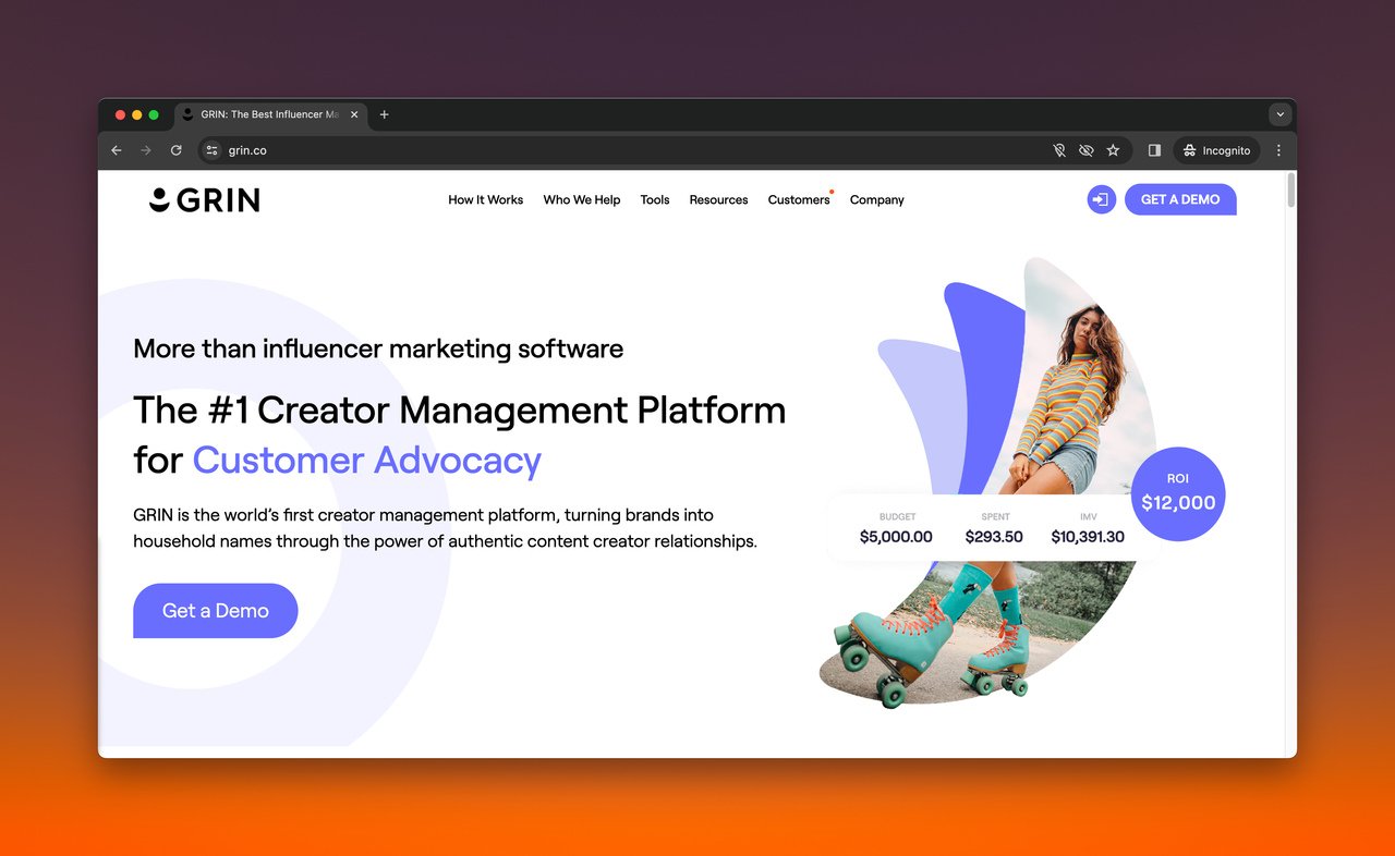 ugc platform grin homepage with purple background