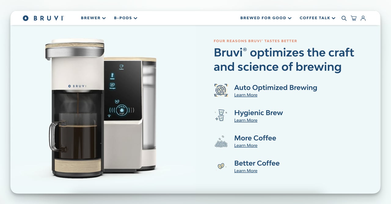 bruvi product landing page example with a unique selling proposition