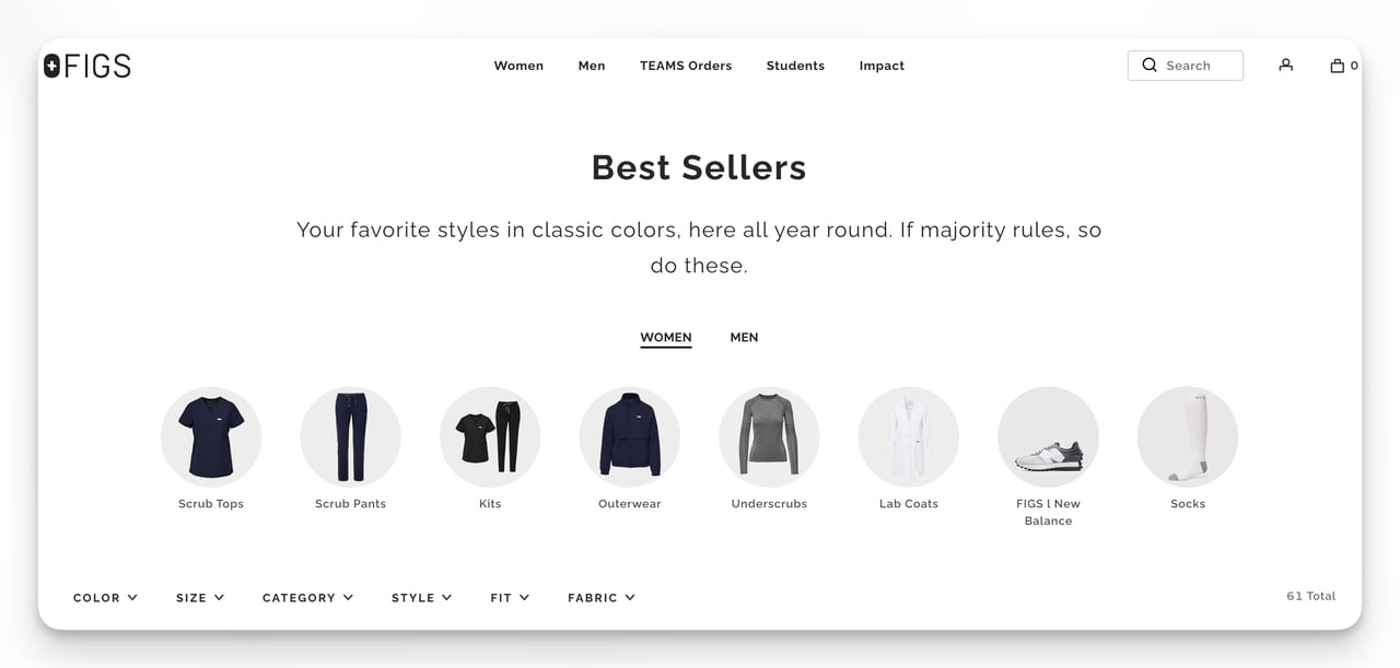 figs bestseller landing page example with a clean layout