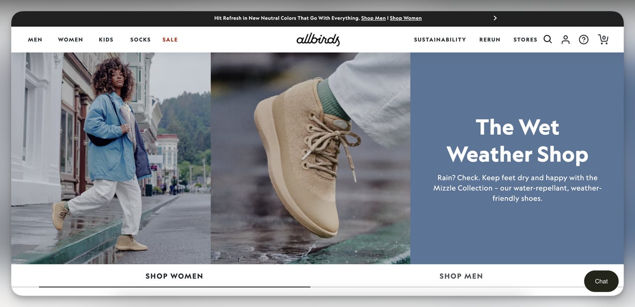 allbirds seasonal landing page example with a banner