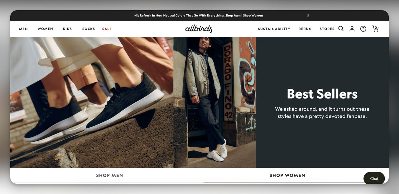 allbirds bestseller landing page example with banner