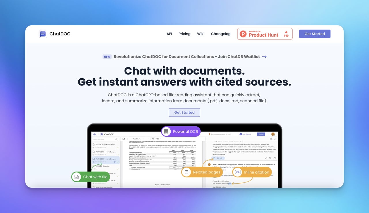 ChatDOC homepage with interactive explanatory telling of a chatbot page