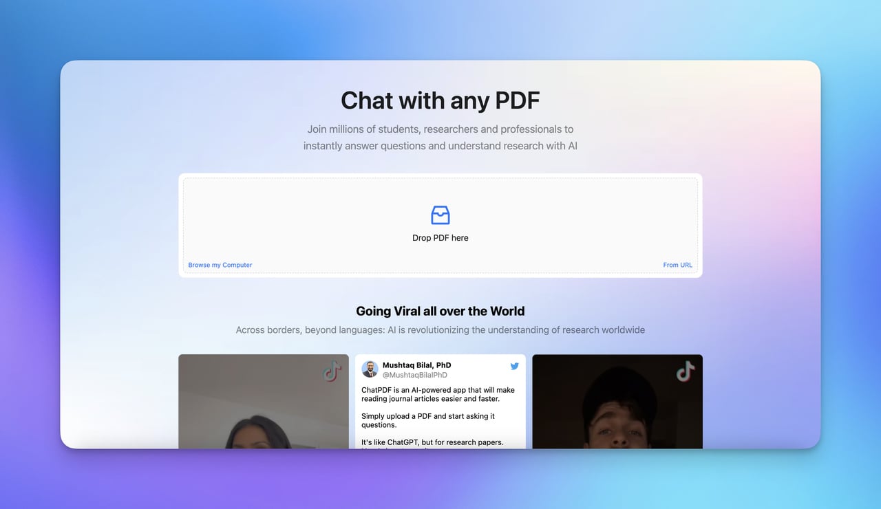 ChatPDF homepage with a content box to upload documents for chat building