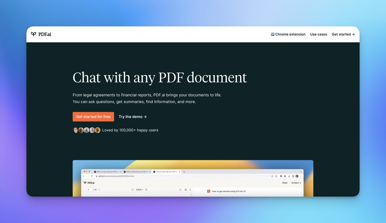 PDF.ai homepage with a great motto and on a black background