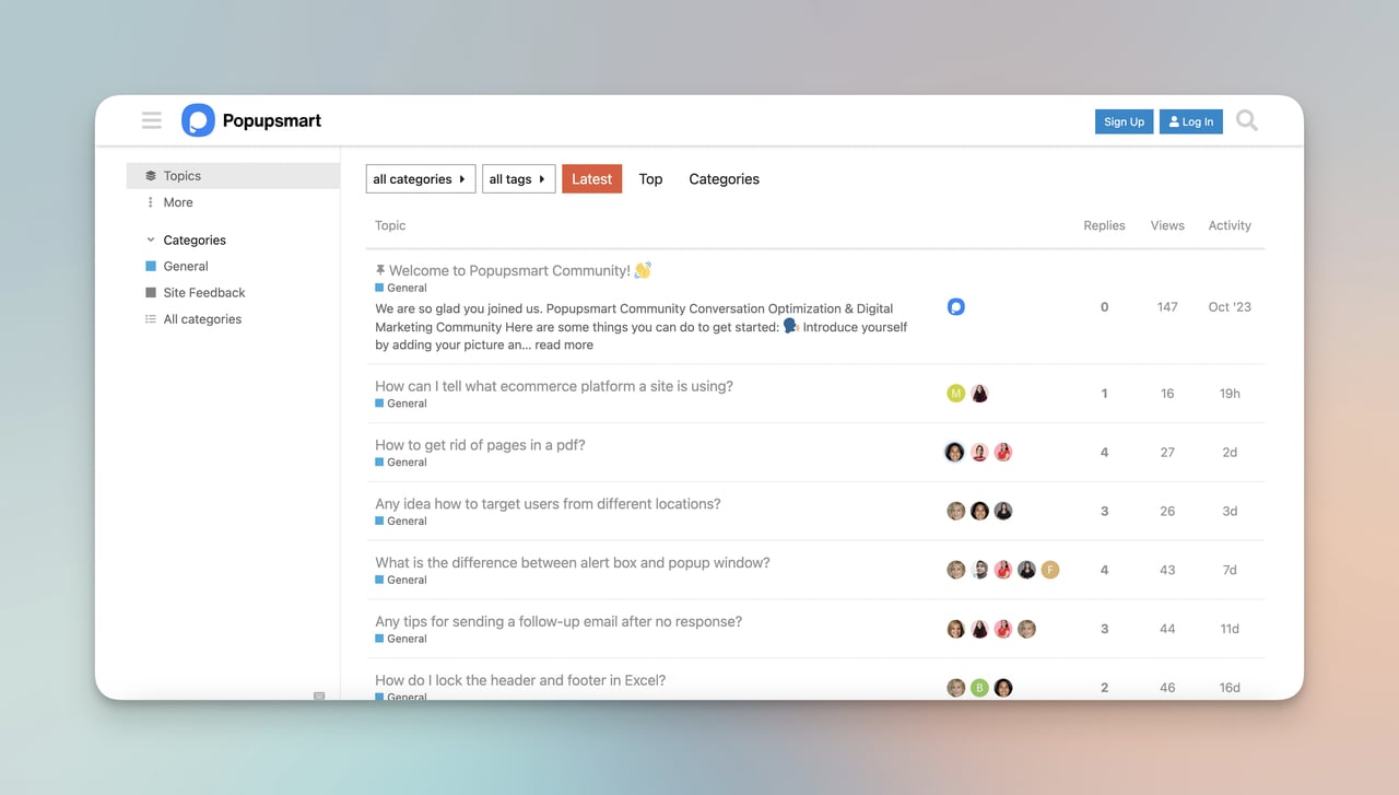 Popupsmart Community latest page with topics