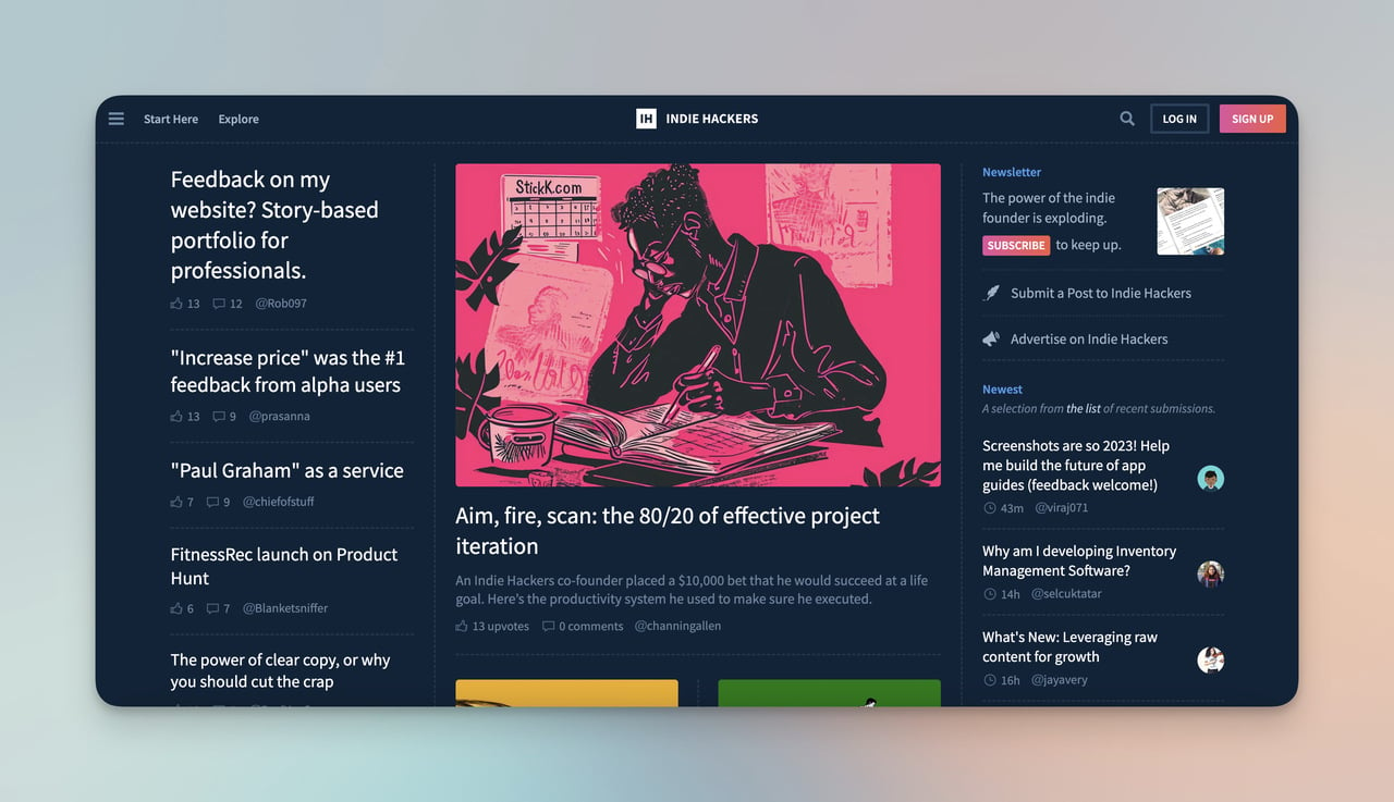 Indie Hackers homepage with sample topics