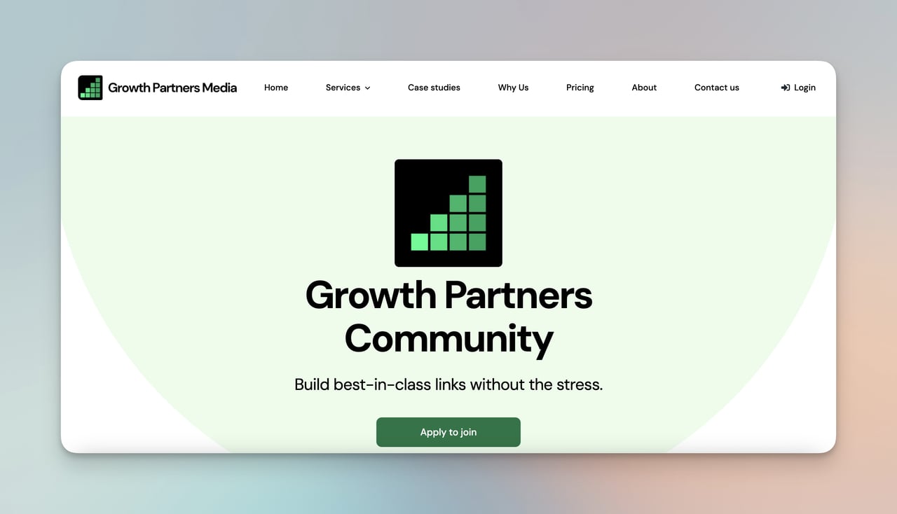 Growth Partners media membership page with green background