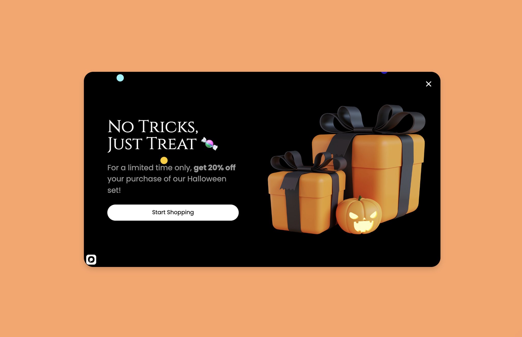 A bundle popup example with 3D gift boxes and a jack o'lantern next to a headline as "No tricks, just treat" followed by a related piece of text and "Start Shopping" button