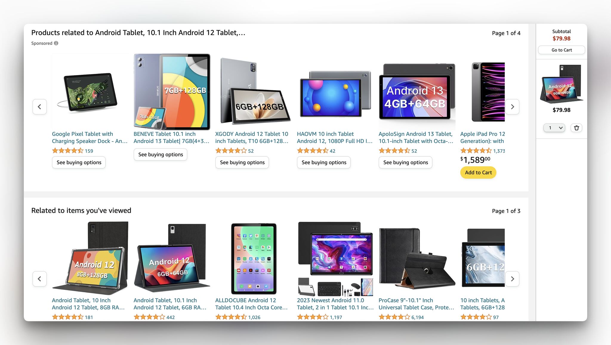 Amazon’s related items options show different tablets with ratings and buy buttons under each