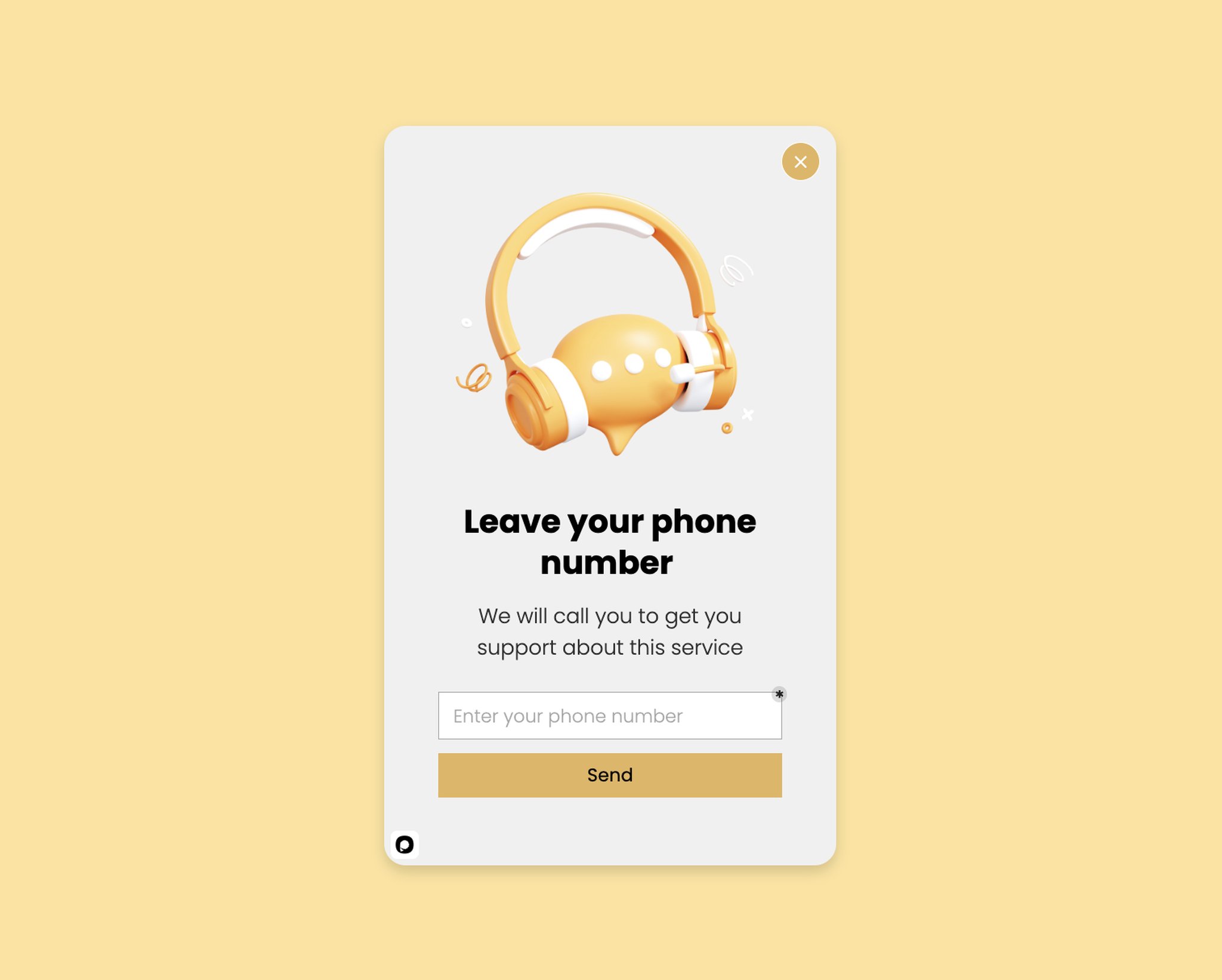 A phone number popup with a speech bubble wearing headphones followed by a “Leave your phone number” headline and a phone number field