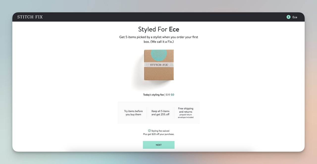 stitch fix website quiz example with a curated items for customer