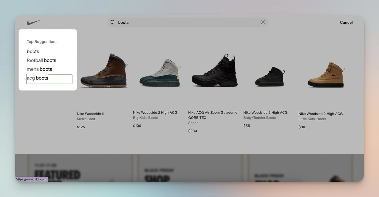 nike suggested search results example for boots