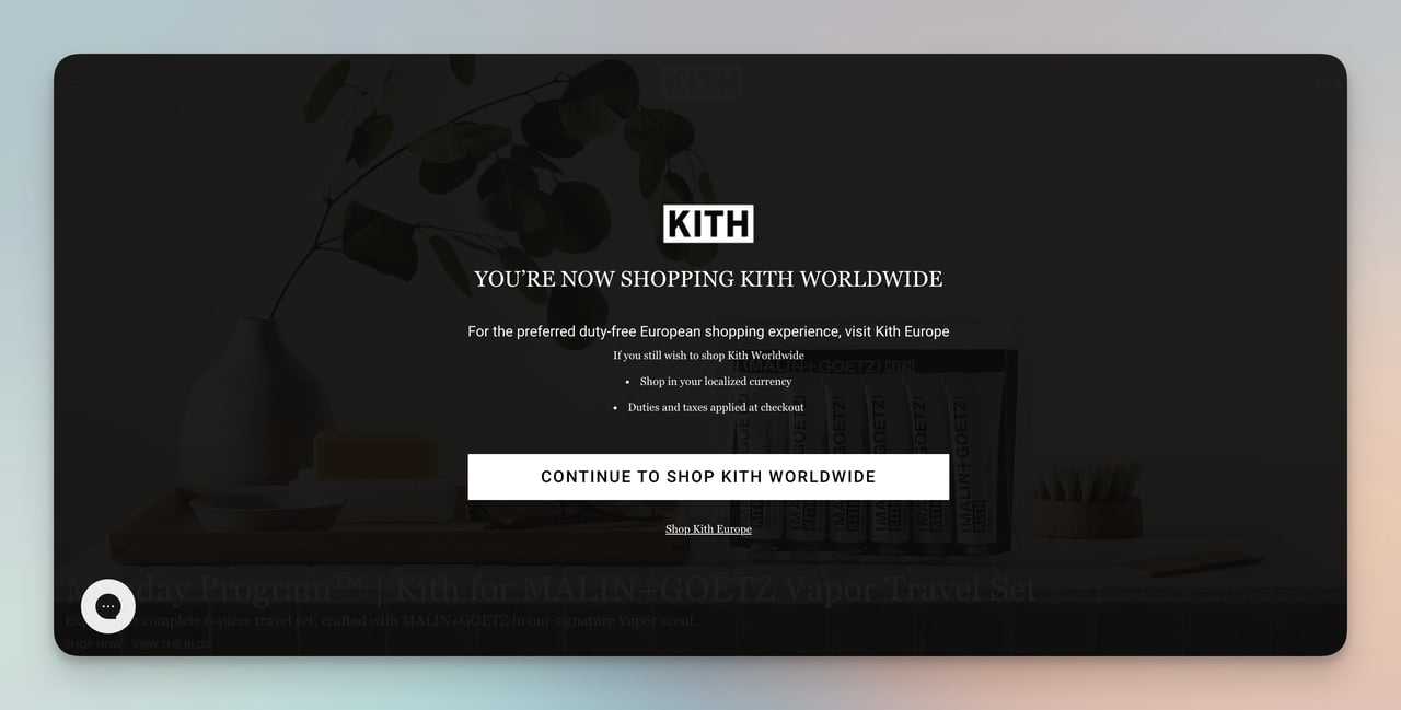 kith ge-location personalization example with overlay popup