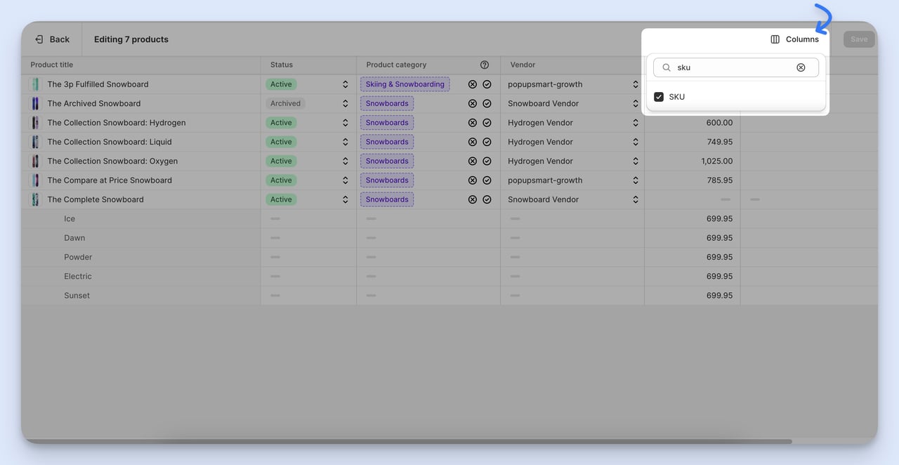 bulk edit step add column for adding multiple SKU